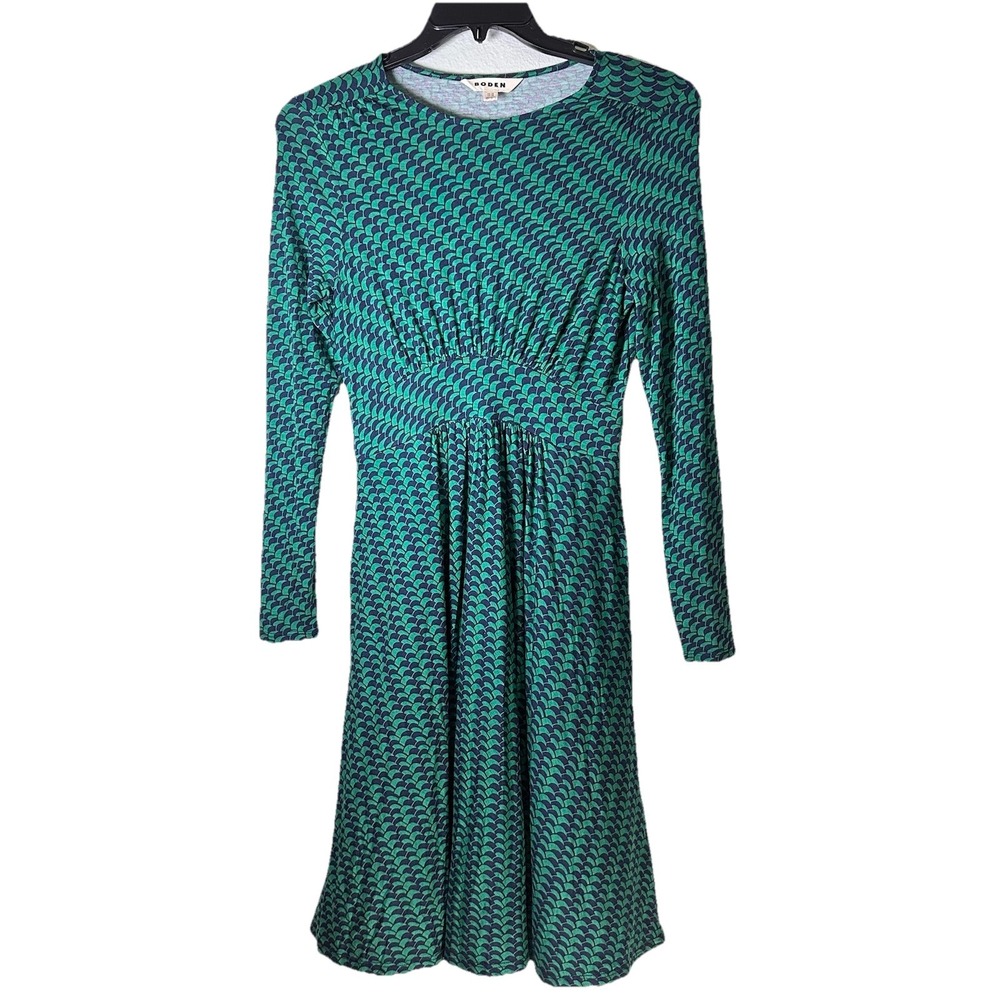 Boden Women's Dress Size 2R Green Black Geometric Print Long Sleeve Midi Pockets